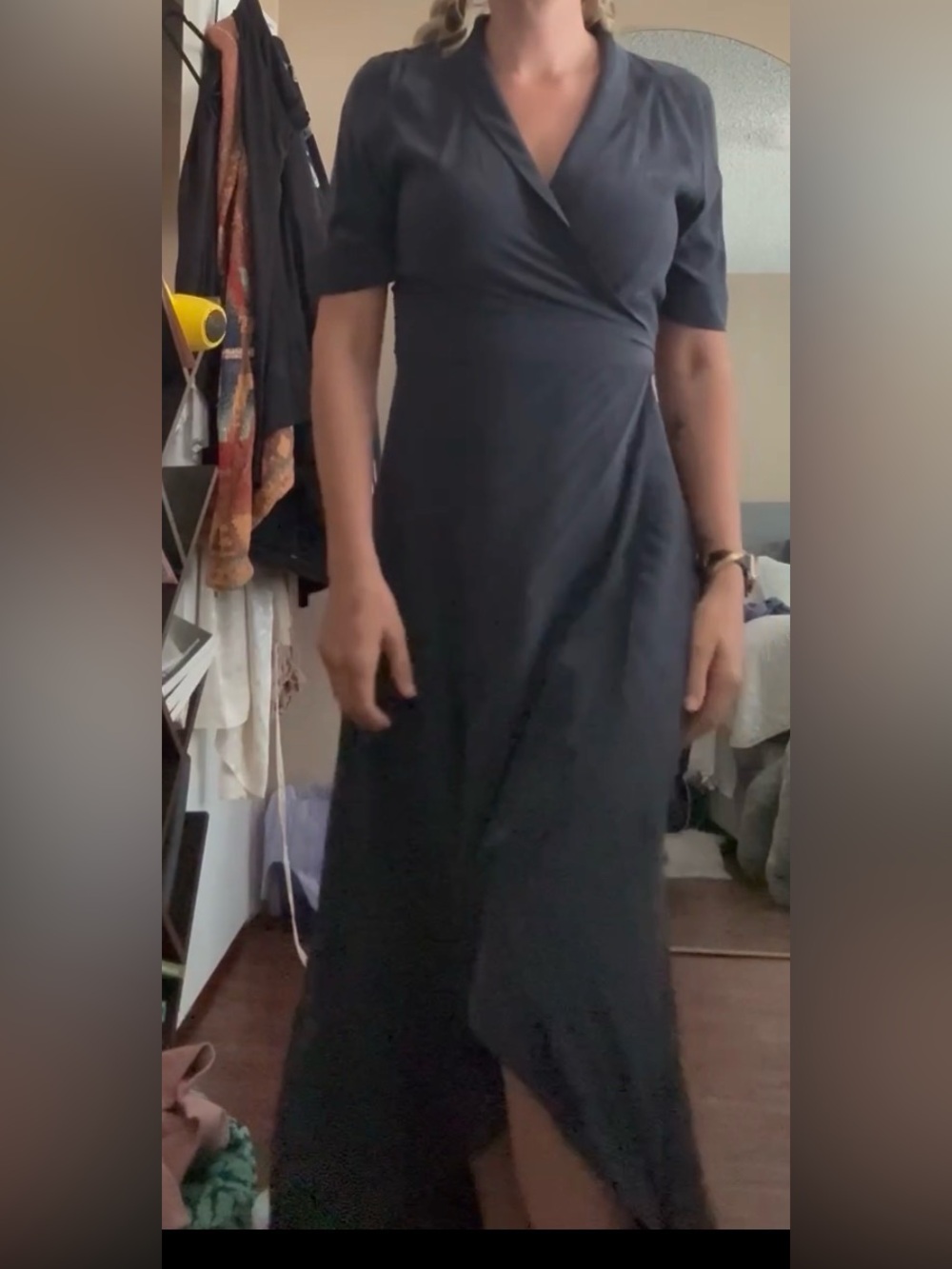 Equipment dark blue silk Wrap Maxi Dress with Short Sleeves